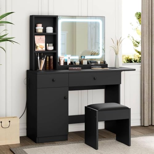 GAOMON Vanity Desk with Mirror and Lights, Makeup Vanity with 2 Drawers & 2 Shelves & One Door, 3 Lighting Modes Adjustable Brightness, Bedroom Dressing Table, Black