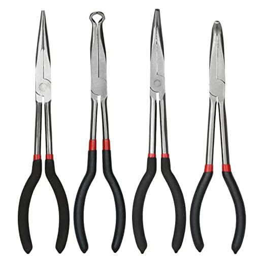 DAJAVE 11 inch Needle Nose Pliers Set, 4 Pack Long Nose Pliers Set, Straight Long Needle Nose Pliers, 45 Degree Pliers, 90 Degree Needle Pliers and Long Reach Circle Pliers