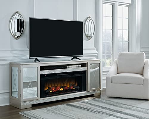 Signature Design By Ashley Flamory Glam Tv Stand With Fireplace Option Fits Tvs Up To 72", 2 Cabinet Doors And Adjustable Storage Shelf, Silver #TOP1