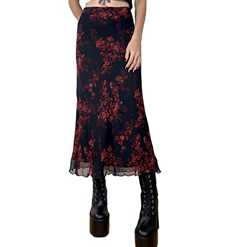 Women Vintage Long Skirt Casual High Waist Side Split Skirts Retro Floral Print Slim Fit Half Dress Sundress Streetwear