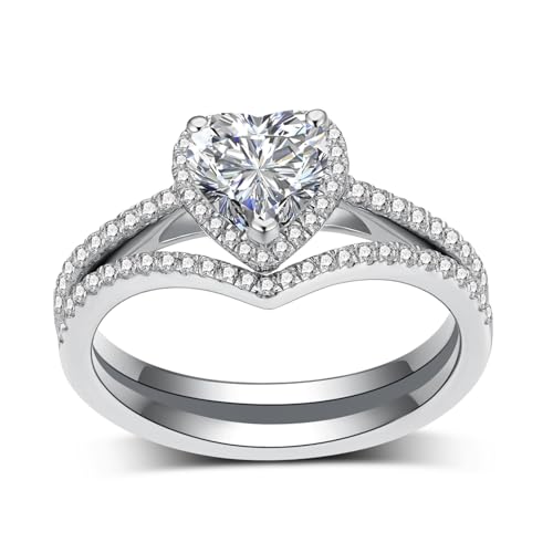 1-1/2 Carat(ctw) Heart-Cut Moissanite Engagement Rings Sets for Women,925 Sterling Silver Halo Wedding Rings Sets,Bridal Ring Sets for Anniversary Birthday