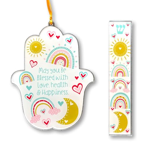 Hamsa and Mezuzah Gift Set for Baby Naming, Wedding, Housewarming, Birthday, Acrylic Design (Sun Hearts Rainbow Blessing)