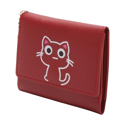 1Pcs Money Wallet 3-Fold Cat Cartoon Wallet PU Leather Burgundy 11x9cm2