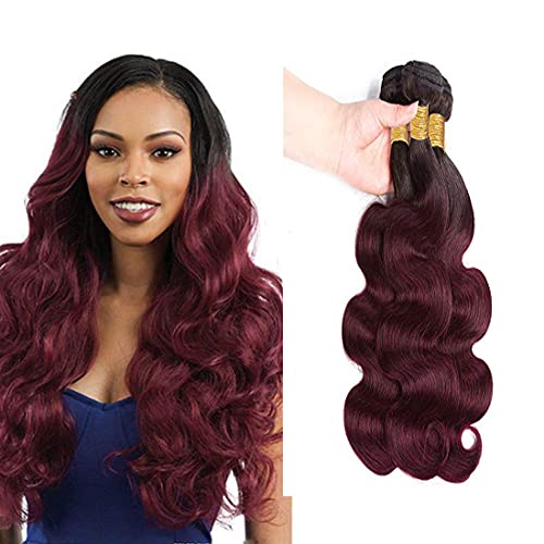muaowig 99j Bundles Ombre Body Wave Bundles Dark Roots Tow Tone Hair Bundles Black To Burgundy 99J Hair Brazilian Natural Hair Remy Hair Bundles 3 Bundles 22 24 26 inch