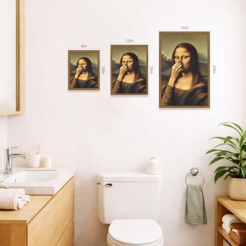 LERVR Wood Framed Funny Mona Lisa Bathroom Wall Art, Whimsical Mona Lisa Toilet Paper Wall Decor, Vintage Parody Bathroom Canvas Print, Humorous Pinching Nose Artwork for Restroom 16x24 Inch by LERVR - Used condition - Image 4