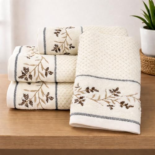 Image of SENSES By Riba Cotton Embroidered Towel Set, 550 GSM Soft & Absorbent, Antimicrobial, Oeko-Tex Certified | Ideal for Home & Gifting, Pack of 4 (2 Bath 27 inchX50 inch + 2 Hand Towels 16 inchX26 inch) - Style 20
