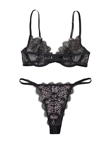 Image of Lilosy Sexy Floral Embroidered Mesh Sheer Underwire Lingerie Set