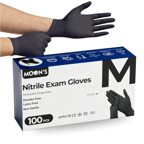 Moons Nitrile Exam Gloves 5 mil Black Latex-Free Powder-Free Non-Sterile Best for Kitchen and Cleaning Cooking Food Prep Restaurant Saloon Disposable Glove (100 pcs x 1 Pack Medium)