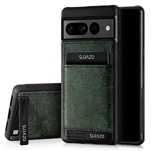 Custodia posteriore in vera pelle per Google Pixel 7 Pro resistente agli urti con scomparto per carte di credito funzione leggio portachiavi Floral Slim Bumper verde ornamento