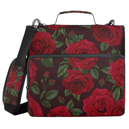 Image of Red Rose Black Roses Zipper Binder Bag 3 Ring Binder with Shoulder Strap Zip Up 500 Sheets Capacity Multi Pockets for School Office Supplies