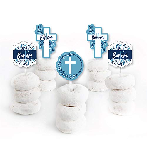 Baptism Blue Elegant Cross - Dessert Cupcake Toppers - Boy Religious Party Clear Treat Picks - Set Of 24 #TOP1