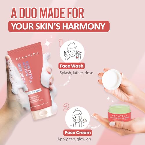 Image of Glamveda 2% Kojic Acid Skin Care Combo | Brightening Facewash & Gel Cream | Remove Fades Dark Spots, Pigmentation & Acne Scars | Evens Skin Tone | Blemishes & Boosts Radiance | Women & Men 200ml