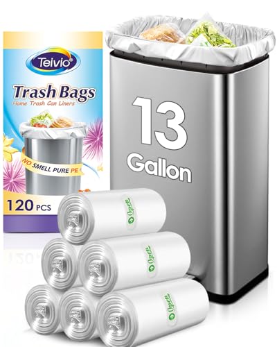 13 Gallon 120 Counts Strong Trash Bags Tall Kitchen Garbage Bags by Teivio 12 Gallon 13 Gallon 14 Gallon Multi-Use Bin Liners Plastic Bags for Home Office Kitchen Yard Industrial Clear