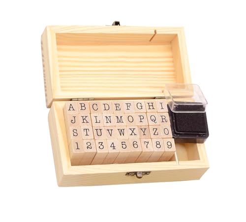 36Pcs Wooden Rubber Stamps Number Letter Alphabet Stamps Mini Cute DIY Stamps Set for Craft Decorating Scrapbooking and Wedding Invitation Cards (36pcs B)