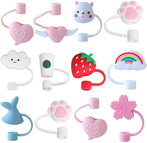 YASUOA 12 Pieces Silicone Straw Tips Cover,Reusable Creative Cute Straw Caps,Dust-Proof Splash-Proof Decor Straw Plug,(Fits 6-8mm Straw)