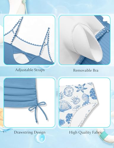 Image of Girls Tankini Swimsuit 2 Piece Set Unique Edge Girl Bathing Suit with Drawstring + Swim Briefs Swimwear Set for 9-16Y