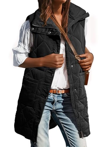 Dokotoo Women's Casual Winter Long Puffer Vest Stand Collar Sleeveless Puffy Jackets Coat with Pockets