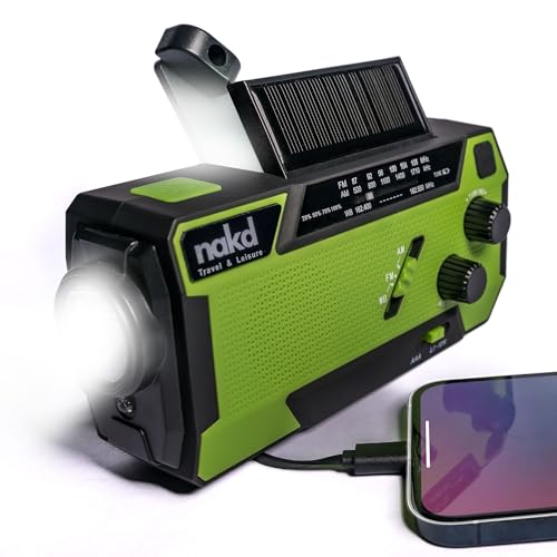 Hand Crank Weather Emergency Radio: Dynamo, Solar, USB and Battery Powered – Upgraded 14800mWh Battery, Flashlight, NOAA Storm Alert, SOS Alarm, 3 External Charger Cables – Cell Phone Emergency Power