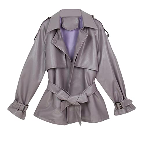 Hinewsa Veste de moto ample en cuir synthétique souple avec col rabattable et ceinture pour femme Noir, lavande, S
