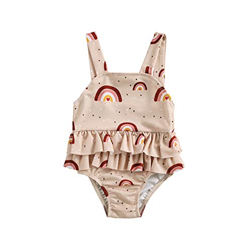 Infant Baby Girl Swimsuit Sleeveless Strap Rainbow Bathing Suit One Piece Bikini Ruffle SwimwearBeachwear (Beige, 0-6 Months)