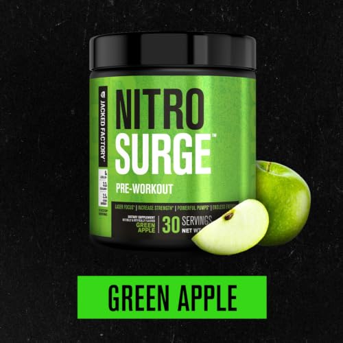 Image of Jacked Factory NITROSURGE Pre Workout Supplement - Endless Energy, Instant Strength Gains, Clear Focus, Intense Pumps - NO Booster & Powerful Preworkout Energy Powder - 30 Servings, Green Apple