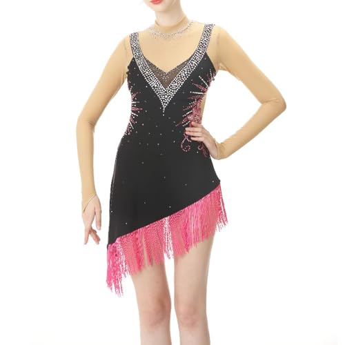 DIJITOO Vestido de patinação artística, fantasia de competição de strass com borla temperamento, col