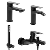 set miscelatori lavabo bidet e vasca con kit doccia nero opaco in ottone, piletta di scarico e kit con laccio supporto e doccetta, serie erika