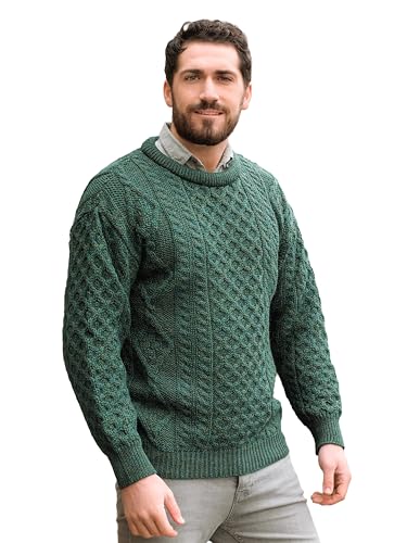 Aran Crafts Irish Soft Cable Knitted Wool Crew Neck Unisex Sweater (C1347-LARGE-MOSS)