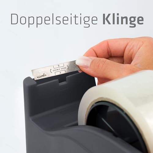 SAX Tape it Easy XXL Einhand Klebeband Abroller extra Schwer | für 1x 50mm Band oder 2x 25mm Band, Paketbandabroller mit Stiftehalter Funktion, rutschfest, inkl. doppelseitige Klinge, Anthrazit