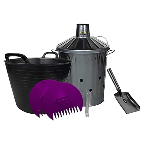 simpaoutdoor Galvanised Locking Lid Incinerator Bin 40 Litre, Mini Shovel, 42L Flexi Tub and Plastic Leaf Grabber Set Cover