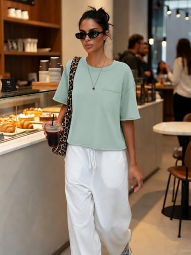 Image of ATHMILE Womens Crop Tops Workout Shirts Gym Oversized Spring Summer Basic Tees Short Sleeve Casual Loose Drop Shoulder 2026