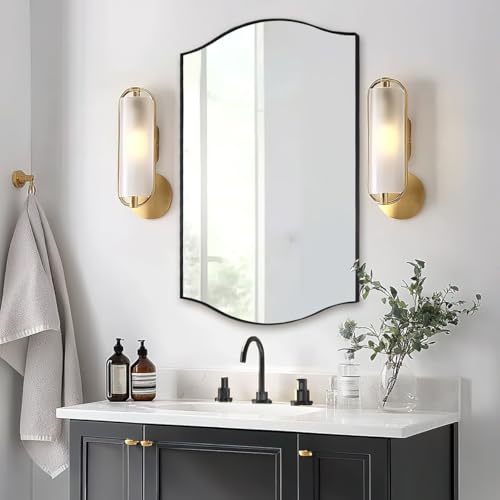 Image of ANDY STAR 24 inchx36 inch Black Bathroom Mirror, Rectangle Scalloped Wall Mirror in Stainless Steel Metal Frame, Modern Matte Black Finish with Curved Edge Design, Wall-Mount Vertically or Horizontally