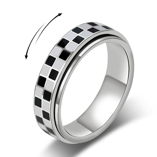 AmorArtSky Checkered Fidget Ring for Adults - 18K Gold Plated Stainless Steel Rotating Spinner Jewelry, Anxiety & Stress Relief Gift for Women/Men (Black and White Pattern) - Main Image
