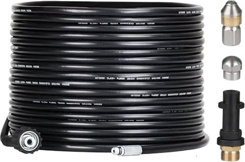 15M Kit de Manguera para Limpiar Tuberías Compatible con Limpiadores de alta Presión Kärcher K2 K3 K4 K5 K6 K7, 180Bar Manguera Desatascadora con Boquillas de Latón, Rígidas y Giratorias, Negra