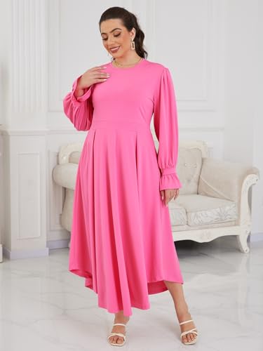 Image of Baczoe Plus Size Long Sleeve Church Dress for Curvy Women | Maxi Length, Elegant Formal Style, Flowy A-Line Shape, Two Side Pockets