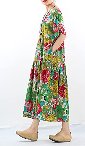 Minibee Women\'s Bohemian Maxi Dress Summer Short Sleeve Boho Floral Long Beach Swing Dresses with Pockets Green 2XL - Thumbnail 5