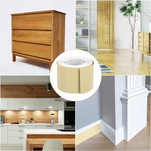 Image of uxcell 1 Roll Wood Grain Tape, 1.97 inch x33 Ft Realistic Textured Repair Tape Self Adhesive Wood Textured Patch with Tool for Floor Wall Door Table Cabinets Furniture Home Decor(Light Yellow)