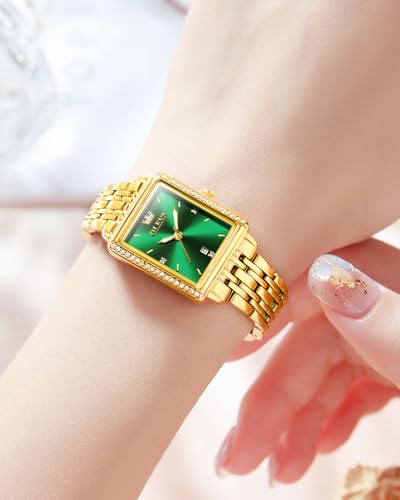 Image of OLEVS Gold Watches for Women Original Luxury Small Square Diamond Wrist Watch Analog Quartz Stainless Steel Waterproof Stylish Ladies Watch Date