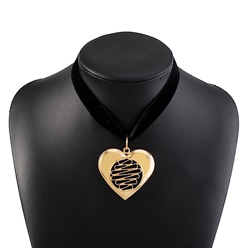 MENGQING Vintage Chunky Big Hollow Heart Necklace For Women Black Velvet Cord Big Heart Choker Fashion Statement Jewelry-Gold Necklace