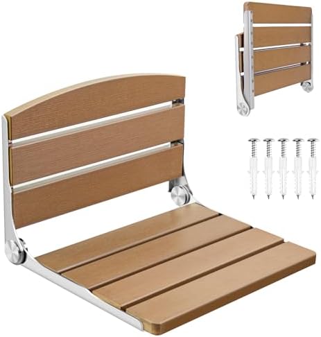 Folding Shower Bench - Wall Mounted Teak Wood Seat For Elderly & Adults