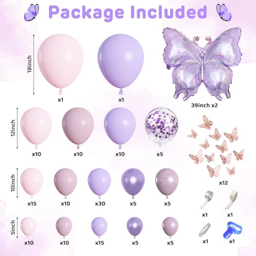 Ouddy Life 171Pcs Pink and Purple Butterfly Balloons Arch Garland Kit, Butterfly Birthday Decorations with Foil Butterflies Flower for Baby Shower Wedding Girls Party Bachelorette Party Supplies - Thumbnail 2