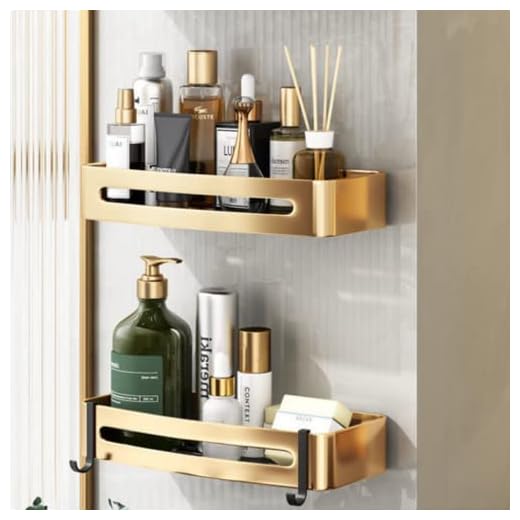 LELYFIT Estante de Ducha Esquinero Sin Taladrar,Estante de Ducha de Metal Aluminio Espacial,Estante de Baño Acabado Mate,Cesta de Ducha Ganchos,Estante de Baño Colgante para Baño Cocina Negro Dorado
