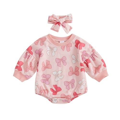 Image of FYBITBO Newborn Baby Girl Romper Outfits Bow Print Bubble Romper Long Sleeve Sweatshirt Onesie Cute Fall Winter Clothes Set