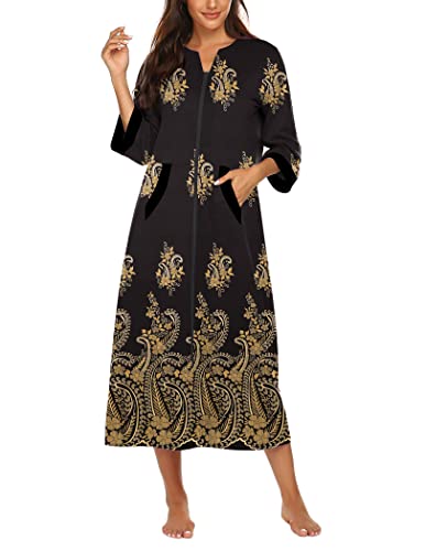 Image of Ekouaer Women Zipper Robe 3 /4 Sleeves Loungewear Dress Full Length Sleepwear Pockets Housecoat Nightgown Long Bathrobe