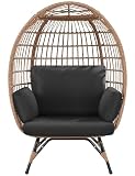Yaheetech Egg Rattan Chair, Oversized Indoor/Outdoor Egg-Shaped PE Basket Lounger with 4 Cushions, Metal Frame Stand for Patio, Balcony, Backyard, Living Room, Light Brown/Black