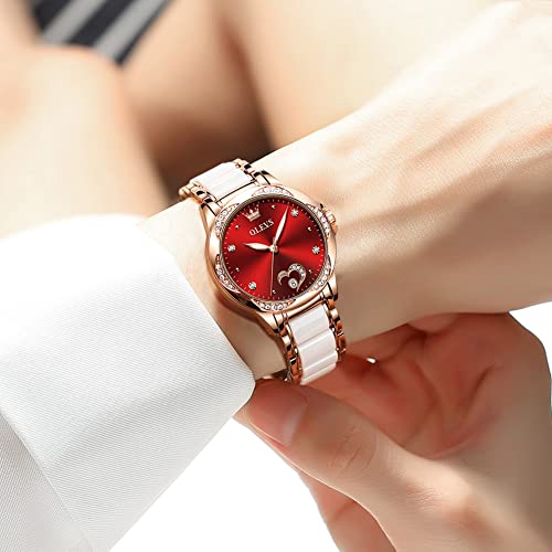 Image of OLEVS Watches for Women Dress Roman Numerals Diamonds Stainless Steel Waterproof Silver Designer Metal Date Expanding Bracelet Ladies Wrist Watch, Red, strap