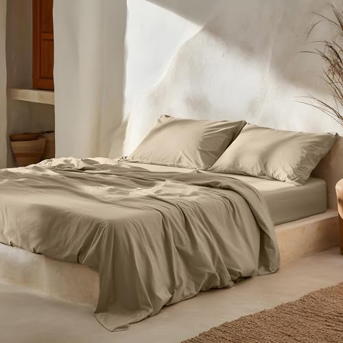 GAMUSI Juego de sábanas Cama 120 x 190/200, 100% Algodón, 3 Piezas, Transpirable, Suaves, Color Piedra
