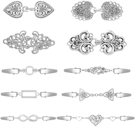 Akeoqi 10Pcs Vintage Sweater Shawl Clips Retro Cardigan Swirl Cape Cloak Collar Clasps Hearts Flowers Geometric Patterns Brooches Dress Jackets Shirt Waist Cincher for Women Men Silver Plated
