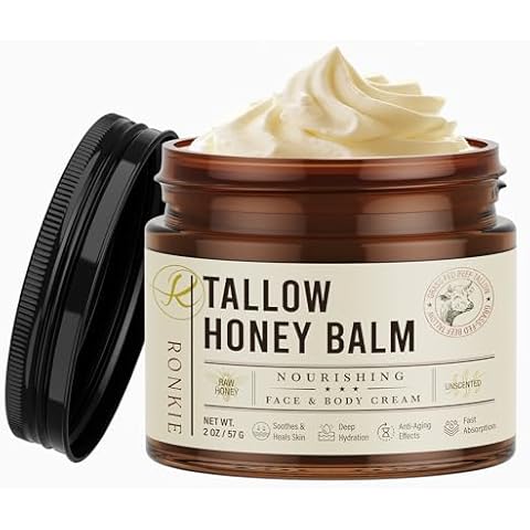 RONKIE Beef Tallow for Skin Care: Grass-Fed Beef Tallow and Raw Honey Balm - Unscented Natural Tallow Face Moisturizer Smooth Soft for Dry Skin 2oz Cover