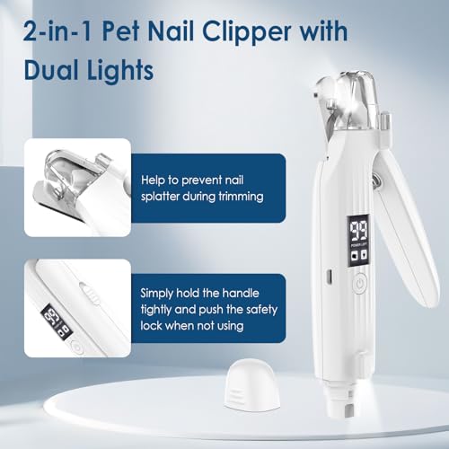 Simpeak 2 in 1 Krallenpflege für Hunde, Nagelknipser für Katzen, Elektrisch Krallenschleifer mit LED Licht, Wiederaufladbare Nagelschere Trimmer Nagelfeile für Verschiedene Körpertypen Haustier